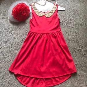Adorable coral red dress, pearl neck & Fascinator!